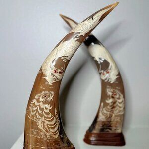 Vintage Hand-Carved Decorative Figures with Dragons – Natural Material – 11”